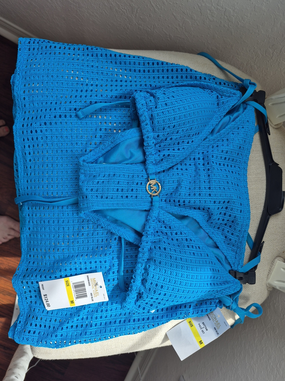 Michael Kors Bright Turquoise Crochet Swim Coverup and Bikini W Gold MK Accent